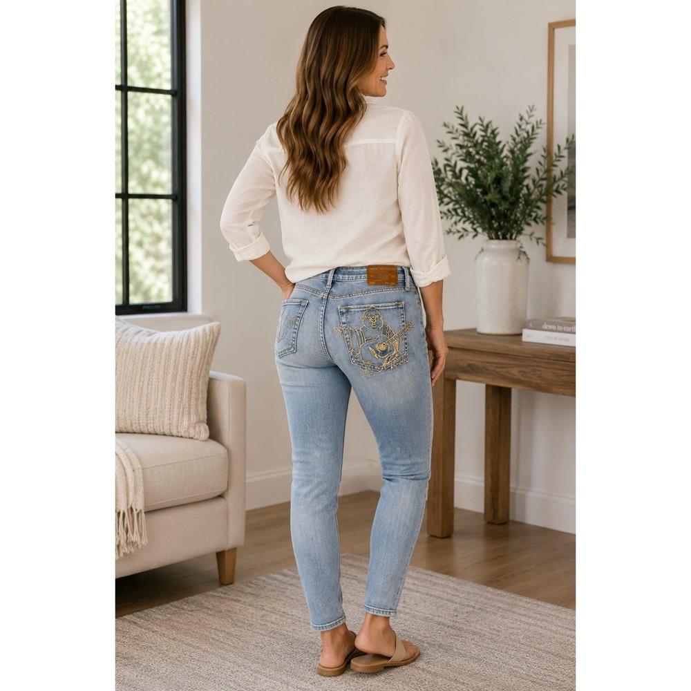 True Religion Jennie Curvy Jeans Size 32 Mid Rise Skinny Buddha Embroidered